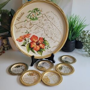 Florida Souvenir Metal Decorative Tray And 6 Coasters Set